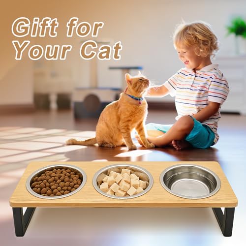 Katzennapf Erhöht mit 3 Futternapf Edelstahl Futterstation napfset katzenfressnapf katzenfutternapf Fressnapf und Wassernapf für Katzen und kleine Hunde (15°gekippte Futterstation)