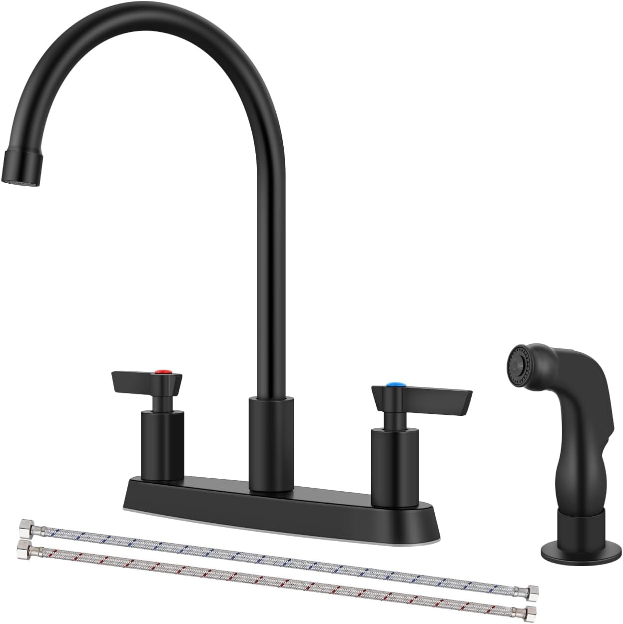 Kitchen Faucet with Sprayer 2 Handle Kitchen Sink Faucets 8 Inch Centerset 3 Hole with Supply Lines Matte Black