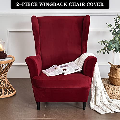 Pendejato Wing Chair Slipcovers, 2 Piece Stretch Wingback Chair Cover Soft Velvet Armchair Covers With Elastic Bottom For Living Room Bedroom (Wine Red) #TOP1