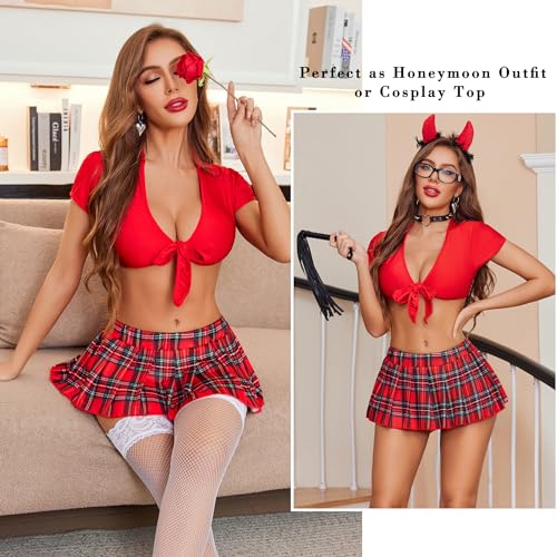 Image of Avidlove Tie Front Crop Top for Women Deep V Neck Shirt Short Sleeve | Y2K rave outfit, adjustable coverage, soft stretch feel for festivals, beach trips, date night cosplay shirt