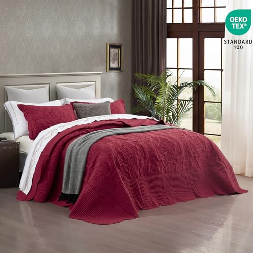 Image of CHIXIN Bedspread Coverlet Quilt Set Full Size - Lightweight Bedding Cover - Beautiful Stitching - 5 Piece Reversible Bedspread - Gorgeous Damask Paisley Pattern (Full, Wine Red)