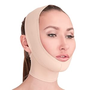 Post Surgical Chin Strap Bandage for Women – Neck and Chin Compression Garment Wrap – Face Slimmer, Jowl Tightening (Beige, L)