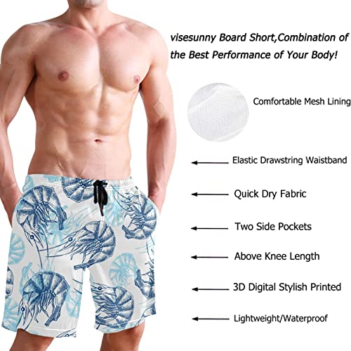 visesunny Shrimp Blue Pattern Men's Swim Trunks Quick Dry Bathing Suits Beach Swim Shorts3