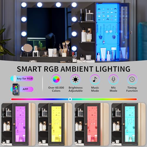 Image of Vanity Desk with Mirror and Lights, Makeup Vanity Table Set with 5 Storage Drawers, Power Outlet & Chair, Small Dressing Table with RGB Ambient Light, Adjustable Brightness for Girls Bedroom, Black