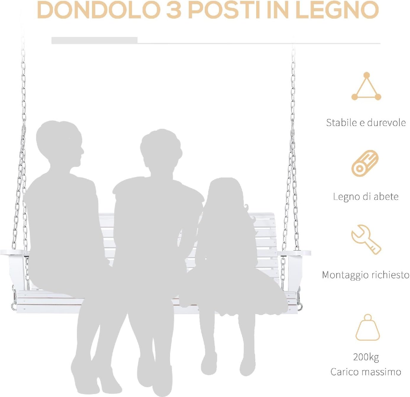 Dondolo da Giardino 3 Posti e Tavolino in Legno Dimensioni 150x75x53 cm Colore Bianco