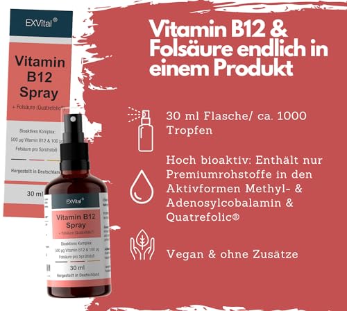 Vitamin B12 Spray, 500µg Vitamin B12 + 100µg Folsäure pro Sprühstoß, bioaktive Quatrefolic® Folsäure, laborgeprüft und hergestellt in DE, 100% vegan & für die vegane Lebensweise
