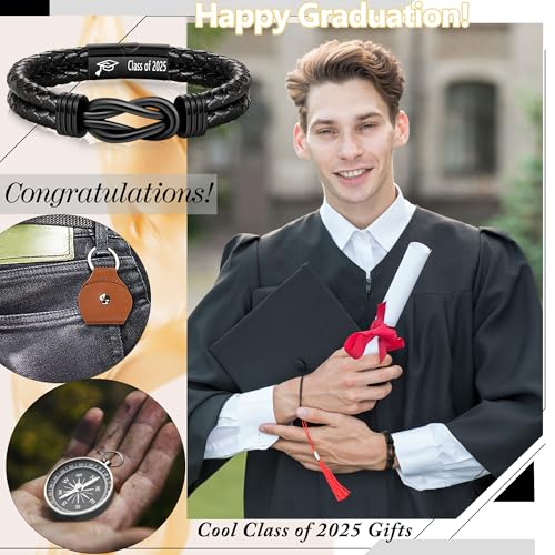 Graduation Gifts for Him, 2025 High School Graduation Gifts Class of 2025 Teen Gift Trendy Stuff Leather Bracelet for Men with Pocket Hug Token Compass College Middle 5th 8th Grade Masters Degree Graduate Knot Jewelry for Son Grandson Boyfriend