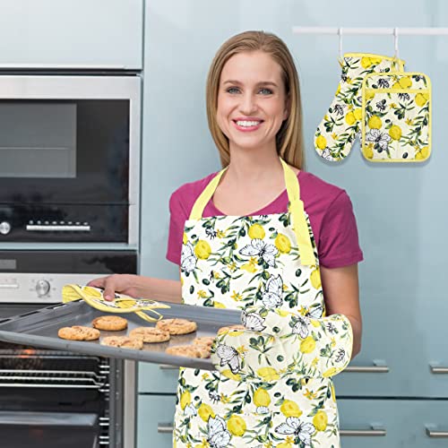 Oven Mitts And Pot Holders With Cooking Apron Set Of 5, Heat Resistant Kitchen Mitten Gloves And Silicone Non-Slip Potholders, Adjustable Neck Buckle Chef Apron, Nice Design For Cooking (Lemon Flower) #TOP6