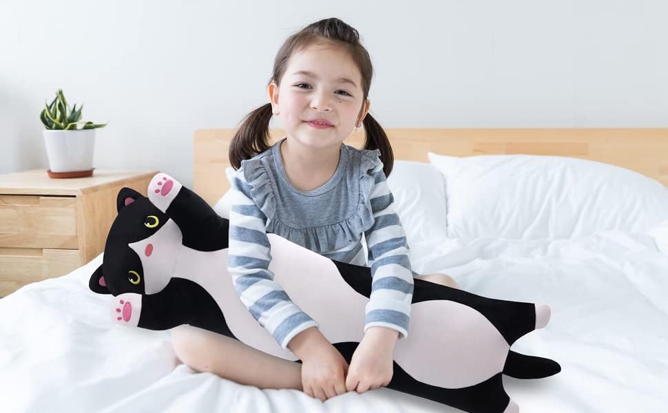 Miniatura 6 de Almohada de felpa suave para el cuerpo de un gato, almohada larga de peluche de gatito, regalo para niños y novia (35.6 pulgadas, negro)