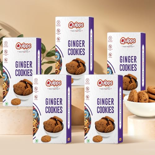 Image of Quipps Premium Ginger Cookies | No Maida, No White Sugar, No Preservatives | Made with Jaggery & White Butter | Healthy Biscuits | Fresh Crunchy Biscuits for Tea-Time Snack, Breakfast & Office Gifting | Vegetarian | Pack of 5 (200g Each)