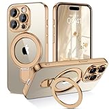 GUAGUA for iPhone 15 Pro Max Case with Stand, Magnetic Clear Cases Plating Edge Invisible Ring Holder Slim Shockproof Protective Kickstand Phone Case for iPhone 15 Pro Max 6.7'', Desert Titanium Gold