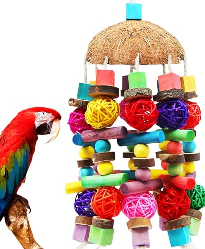 Juguete Grande de masticación Natural MQUPIN para pájaros Grandes como cacatúas Loros africanos Grises guacamayos y Loros amazónicos Juguete de Bloques de Madera Natural Multicolor para Escalar