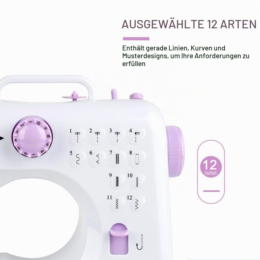 12 Stichmuster Nähmaschine für Kinder und Anfänger, Mini-Modell Mit Fußpedal, Arbeitslicht, für Zuhause, Einsteiger, DIY Begeisterte (505-Upgrade-Modell, Weißes Lila)