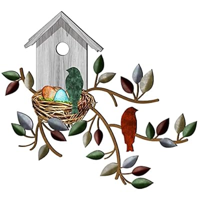 Peryiter Birds Wall Decor Metal Bird Decor for Wall Outdoor Bird Wall Art Hanging Metal Tree with Birdhouse for Living Room Metal Tree Leaf Wall Decor for Indoor Outdoor Garden (White)