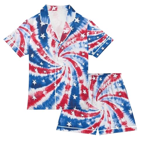 Red Blue Star Tie Dye Summer Pajamas Set Soft Satin Pjs Sets 2 Piece Short Sleeve Sleepwear Casual Clothes