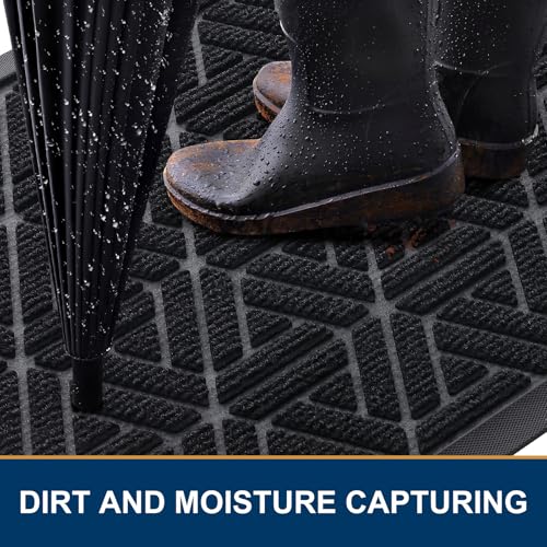 Smiry Front Door Mat Outside Entrance, Heavy Duty Natural Rubber Doormat, Trap Dirt and Moisture Easy Clean Low Profile Patio Porch Welcome Floor Mats for Entry, 47x23 Inch, Black
