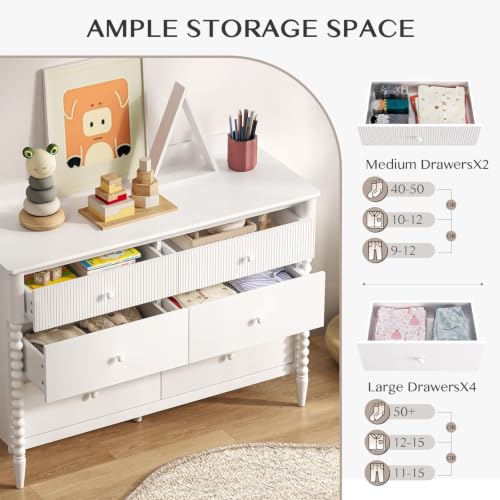 Image of JOINICE White Nursery Dresser for Kids Bedroom, 6 Drawers for Storage | Jenny Lind Spindle Legs Dresser, Baby Clothes Organizer for Toddlers, Children's Room, Anti-tip Kit for Safety