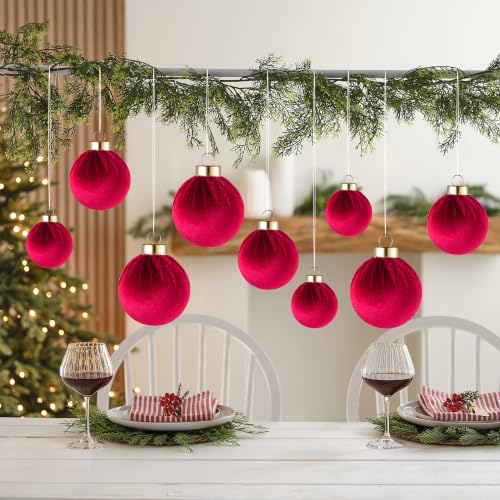 Velvet Christmas Ball Ornaments - 30pcs Flocked Christmas Ornaments Set Shatterproof Classic Hanging Xmas Tree Decorations with Rope for Wreath Holiday Home Decor (Burgundy) - image 6
