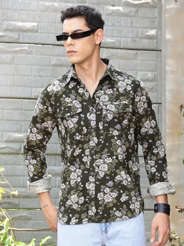 Image of Thomas Scott Men Slim Fit Pure Cotton Corduroy Floral Printed Semi-Formal Shirt