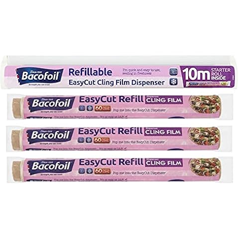 Bacofoil Easycut Cling Film Dispenser with 10m Refiil + 3 x Refill Packs 60m X 350mm Cover