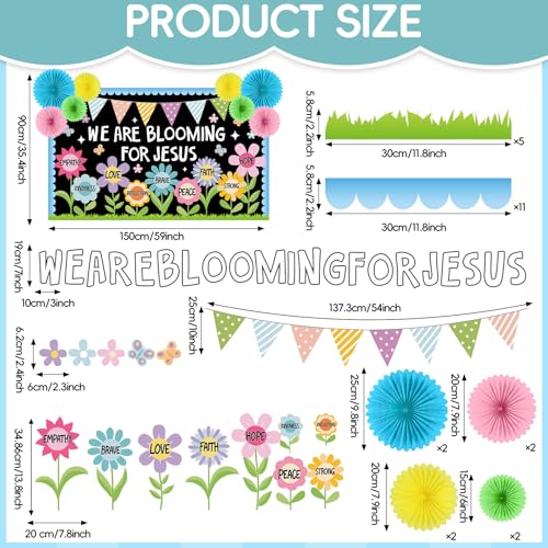 Image of Christian Religious Bulletin Board Set Summer Floral Sunday School Classroom Decoration Positive Paper Fans 3D DIY We are Blooming for Jesus Cutouts for Church VBS Chalkboard Wall Prayer Board Decor