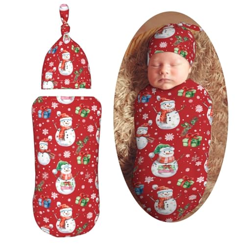 Image of Red Christmas Snowman Swaddle Blanket with Beanie Hat Set Newborn Swaddle Wrap Soft Baby Receiving Blankets Baby Swaddle Blanket for Baby Boys and Girls