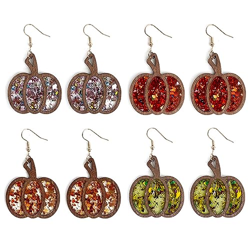 Halloween Spark Glitter Pumpkin Wooden Drop Earrings Thanksgiving Leopard Print Leather Pumpkin Wooden Dangle Earrings for Women Fall Thanksgiving Halloween Party Jewelry Gifts2
