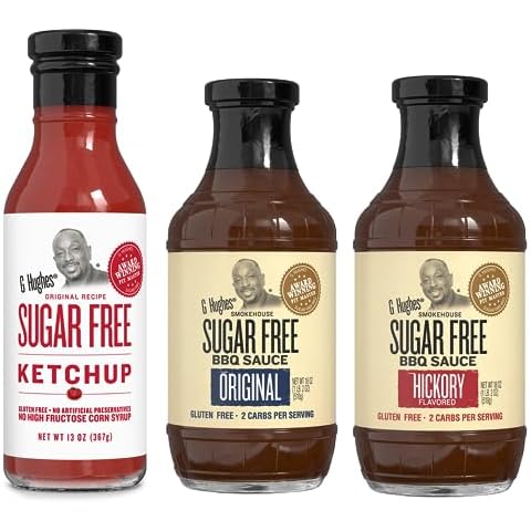 G Hughes Sugar Free, BBQ Sauces & Ketchup Bundle - Original Sugar Free BBQ Sauce - 18 Oz, Hickory BBQ Suace - 18 Oz, Sugar Free Ketchup - 13 Oz, Keto Ketchup, Low Calorie Barbecue Sauce (3 Pack) Cover