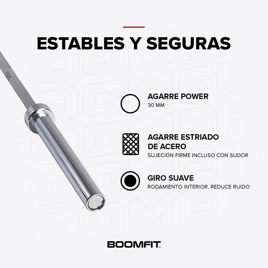 BOOMFIT Barras Olímpicas 9, 12, 15 y 20 kg | 120 a 220 cm, Mangas Ø50 mm | Acero con agarre estriado de 30 mm e interior de 81 a 130 cm | Incluye topes | Powerlifting, halterofilia y gym en casa