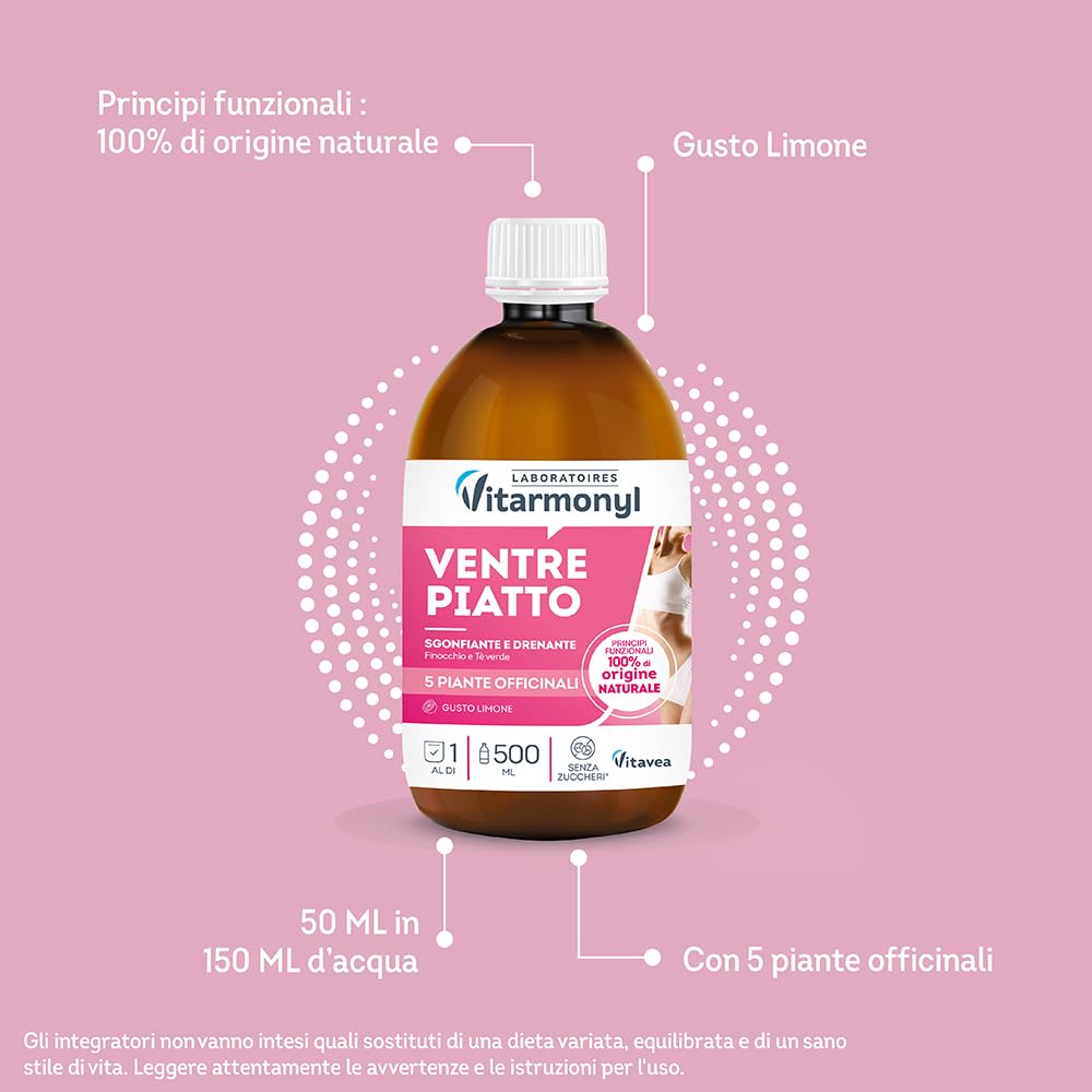 Vitarmonyl Ventre Piatto - Drenante con Thè Verde e Finocchio - Detox da Bere - Contro il Gonfiore - Gusto Limone - 500 ML -