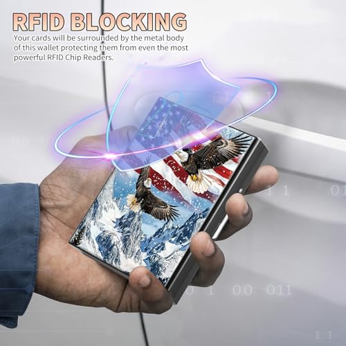 Image of Slim Credit Card Holder, Eagle Iceberg American Flag RFID Blocking Metal Wallet for Men & Women, Aluminum Minimalist Hard Case Pocket-Sized Business Cards Organizer (Fits Up to 10 Cards)