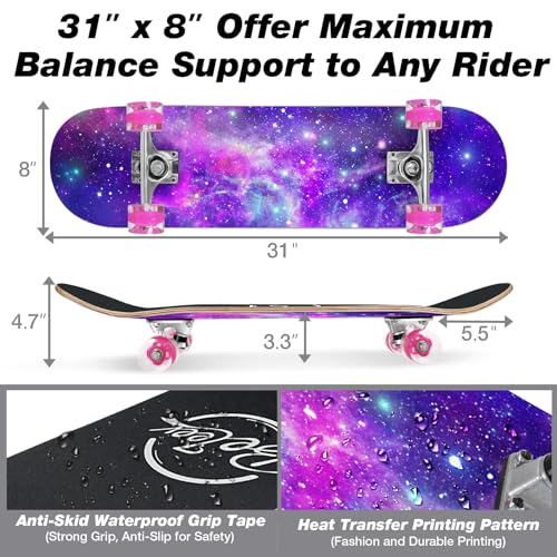 Image of BELEEV Skateboards for Beginners, 31 x 8 inch Complete Skateboard for Kids Teens Adults, 7 Layer Canadian Maple Double Kick Deck Concave Cruiser Trick Skateboard with Multifunction Skate T-Tool