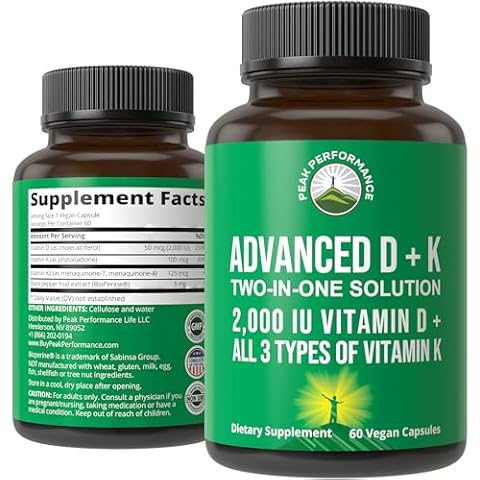 Peak Performance Advanced Vitamin D 2000 IU with All 3 Types of Vitamin K Vitamin D3 and Vitamin K2, K1, MK-7 (MK7), MK4 Supplements. 60 Small and Easy to Swallow Vegetable Pills (2000 IU) Cover