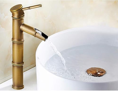 Miniatura 2 de Oak-Pine Grifo de cascada de diseño de bambú, cobre antiguo, comercial, moderno, acero inoxidable frotado, 3 juntas para baño, lavabo sin desagüe
