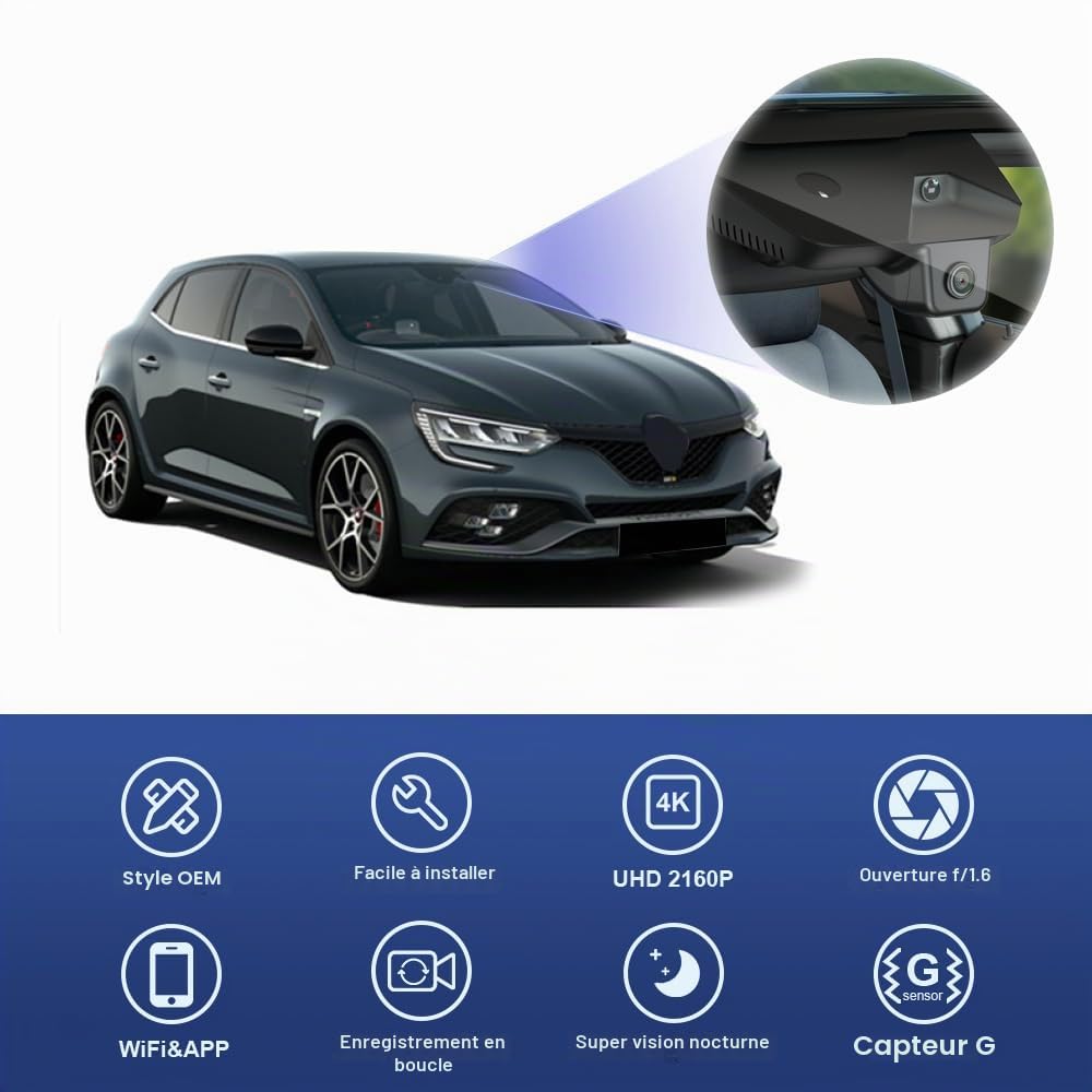 Fitcamx Dashcam 4K Compatible avec Renault Megane RS 2021 2022 2023 facelifted, OEM Caméra de Voiture 2160P Video WiFi, G-Senseur, Enregistrement en Boucle, WDR Dashcam Voiture, Plug&Play, Carte 64 Go