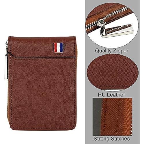 Image of Compact RFID Protected Card Wallet with Expandable Slots Zipper Closure and Currency Pocket (Brown)