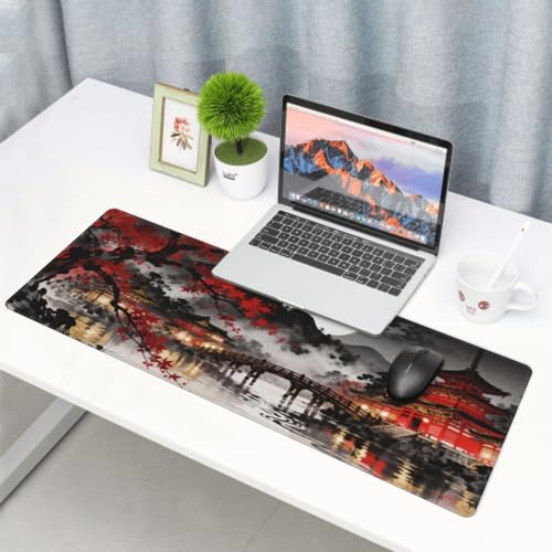 Image of Black Red Japanese Mouse Pad 31.5x11.8 XL Maple Leaves Tree Lake Pavilion Watercolor Extended Large Mousepad Keyboard Mouse Mat Desk Pad with Non-Slip Rubber Base Stitched Edges for Home Office Game
