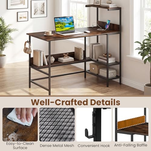 Image of Tangkula 48 inch Reversible Computer Desk with Bookshelves, Home Office Desk with Power Outlets, Hook and Storage Shelves, Writing Study Desk for Living Room, Study Room, Office (Rustic Brown)