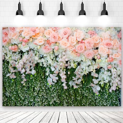 8x6ft Green Grass Pink Roses Flower Backdrop for Wedding Birthday