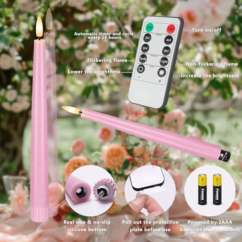 Image of Pink Flameless Taper Candles, 9.6 inch Battery Operated Candles with Remote, Real Wax Led Candle, Flickering Flameless Candlesticks for Home Party Wedding Romantic Night Decor