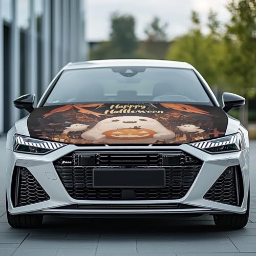 Image of Cute Ghost Car Hood Cover All Weather Protection Auto Exterior Accessories Universal Fit Hood Covers for Cars, Trucks, SUV, or Van Full Coverage Halloween Decor