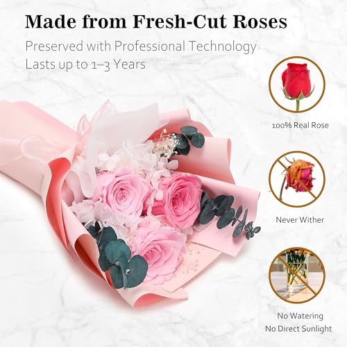 Image of Flower Bouquet Gifts for Her, Flowers for Delivery Prime, Preserved Roses Flower Gifts for Women, Valentines Flowers, Mom Gifts from Daughter Son, Birthday Gifts, Real Roses,Pink Roses