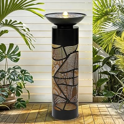 Autodaya 31.5" H Metal Cutout Geometric Patterns Outdoor Water Fountain with LED Lights, 2-Tier Modern Pedestal Waterfall Fountains, Ideal for Garden, Yard, Patio Décor