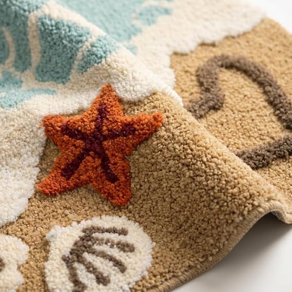 Image of Beach Theme Microfiber Bath Mat for Bathroom, Anti-Skid Soft Absorbent Bath Rug Door Mat Sea Shell Starfish Ocean Design Washable Floor Carpet for Bathroom, Bedroom & Home Decor