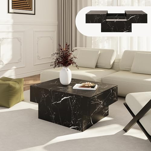 [en.casa] Tavolino da Caffè con Piano Rettangolare Scorrevole e 2 Scomparti Tavolo Basso Centrale da Salotto a 2 Vani Portaoggetti Chiusi 80 x 60 x 36 cm per Soggiorno - Effetto Marmo Nero