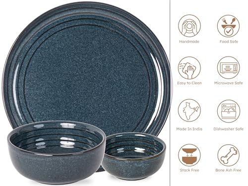 Image of Bodhi House Handcrafted Chip Resistance Porcelain Dinner Set, 14 Pieces Dish Set Serving for 6, Microwave and Dishwasher Safe, Bone-ash Free, Crockery Set for Dining and Gifting, Sapphire Blue