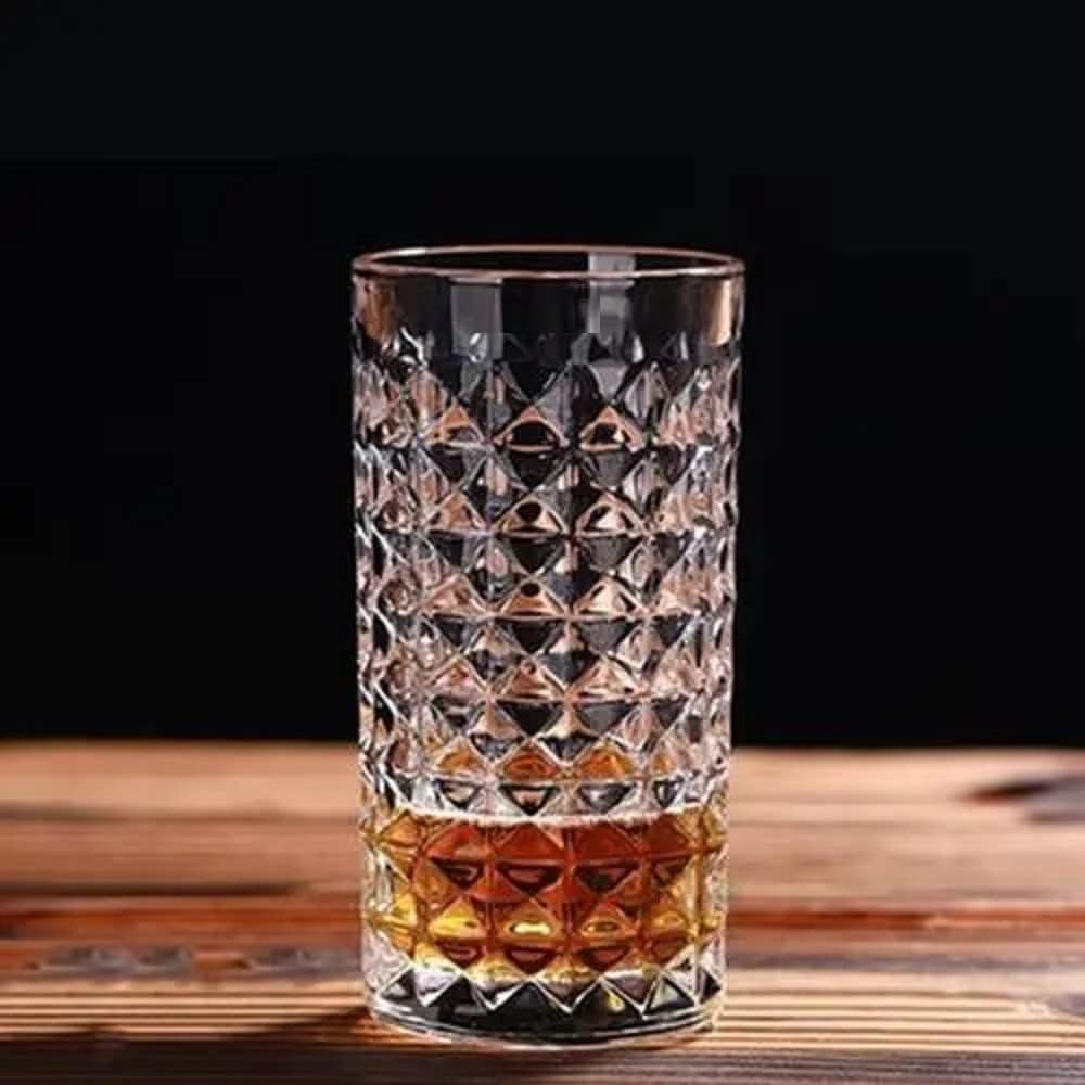 VILON Italian Premium Juice and Water Glasses Set of 6 Transparent, 300ml, Drinking Water Glasses Stylish and Crystal Square Highball Glasses for Water, Juice and Cocktails (Diamond Glass 300ML)