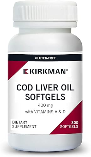 Kirkman - Aceite de hígado de bacalao con vitamina A y D - 300 cápsulas blandas - Ácidos grasos esenciales - Apoya la salud fundacional -