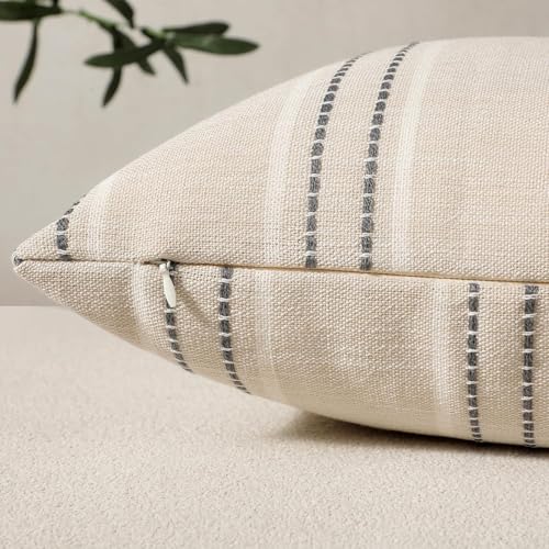 Image of Hckot Stripe Throw Pillow Covers 26x26 Large Square Grey Pillow Covers | Farmhouse Decorative Pillows Textured Linen Euro Sham Cushion Covers for Sofa Couch Bed Living Room Decor