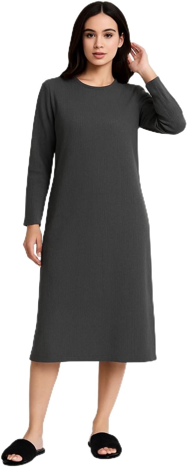 Women’s Ribbed Knit Long Sleeve Nightdress | Soft Cotton Blend Midi Sleepwear | Winter & Summer Loungewear Dress for Home & Night